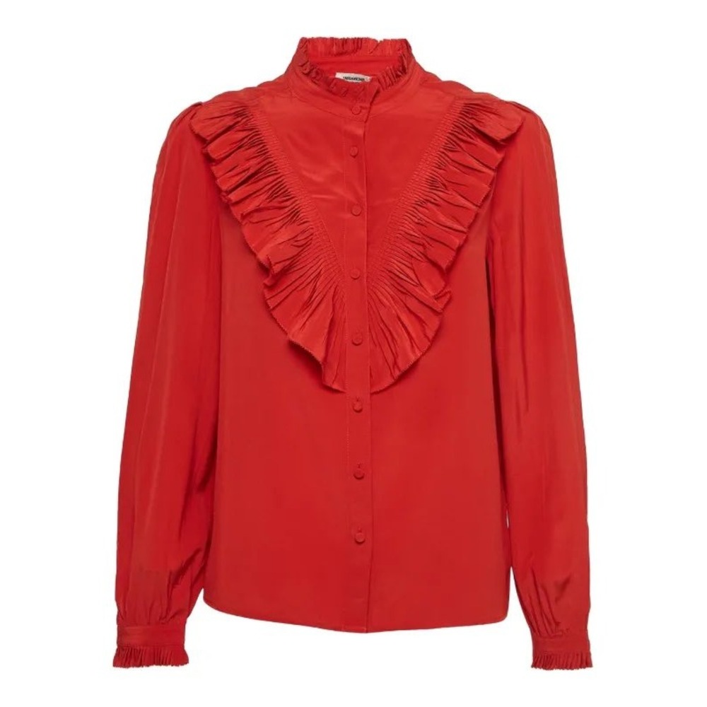 Zadig & Voltaire Deluxe Red Silk Ruffle Button Front Blouse Size Medium